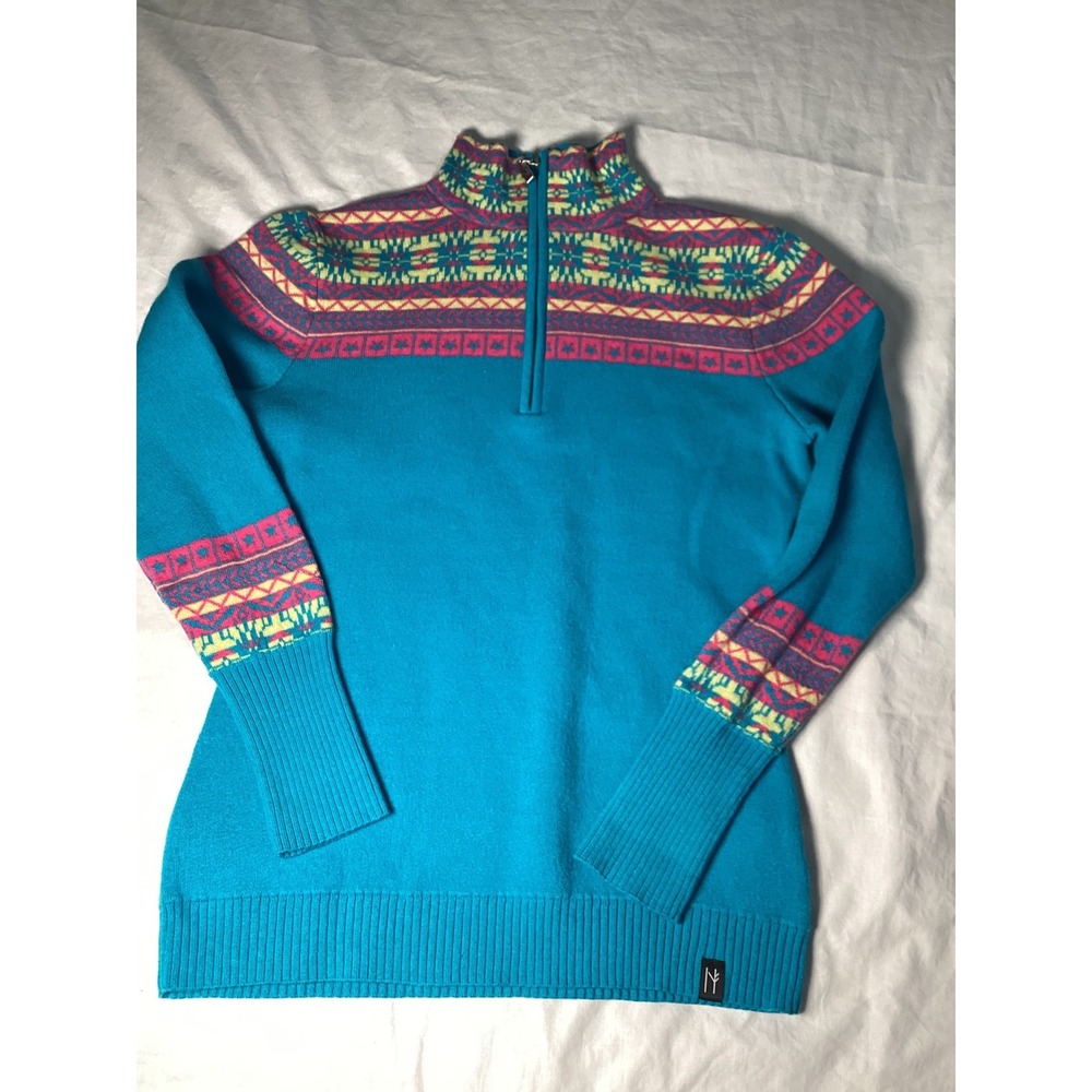 Neve Sweater Merino Wool Blend Quarter Zip  Turquoise Fair Isle Blue Medium